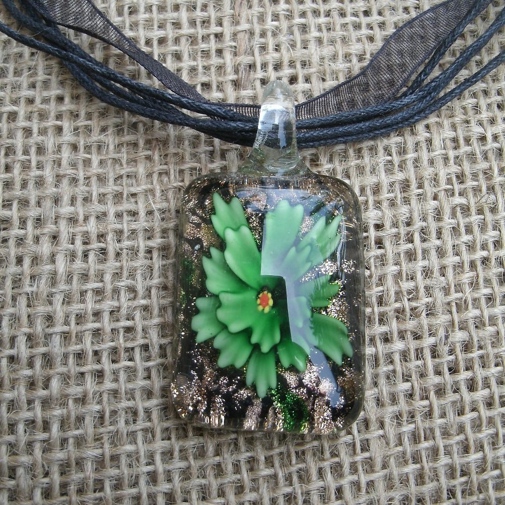 Murano Glass Green Flower Pendant Necklace